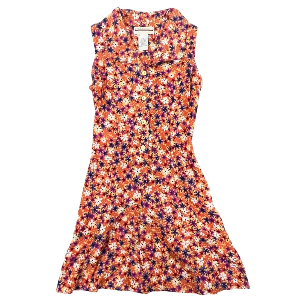 Expressions Womens Orange Purple‎ Floral Sleeveless Button Front Rayon Dress Med